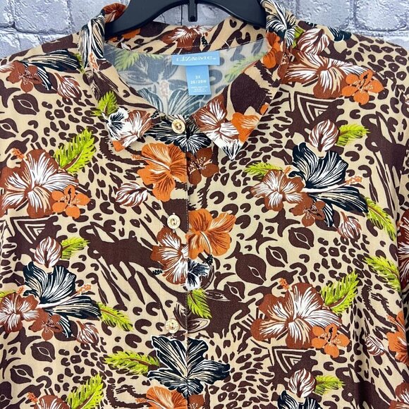 Liz & Me 3X 26/28W Floral & Animal Print Button-Up Blouse Rayon Plus Size Women - Picture 2 of 5